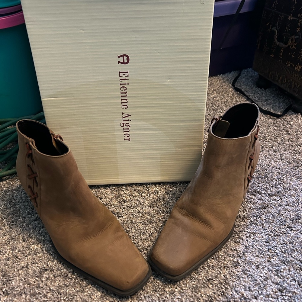 Etienne Aigner Brown Ankle Boots with Lace Detail
